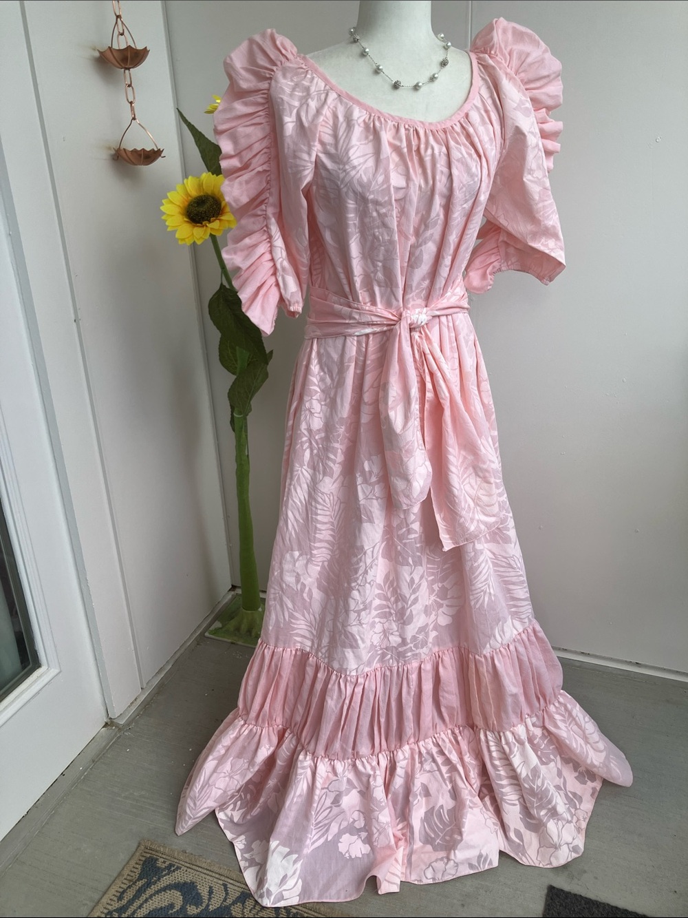 Vintage 70s 80s Pink Ruffle Statement Sleeve Leaf Print Hawaiian Maxi Dress